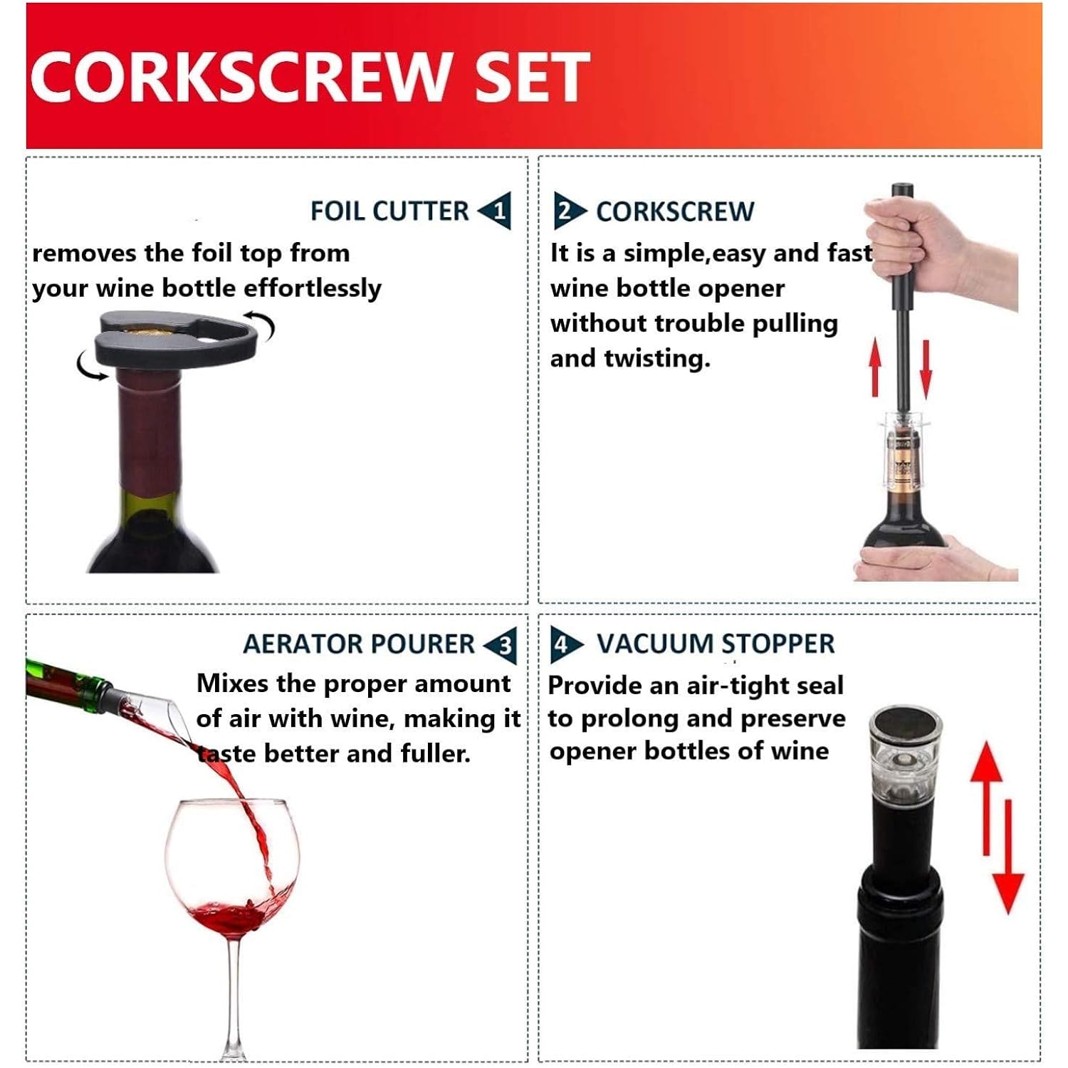 Air Pressure Pump Bottle Opener With Foil Cutter,Aerator Pourer,Vacuum Stopper(4Pcs),Simple Cork Remover,Efficient Corkscrew Bottle Opener,Great For Wine Lovers,Perfect Wine Gift.