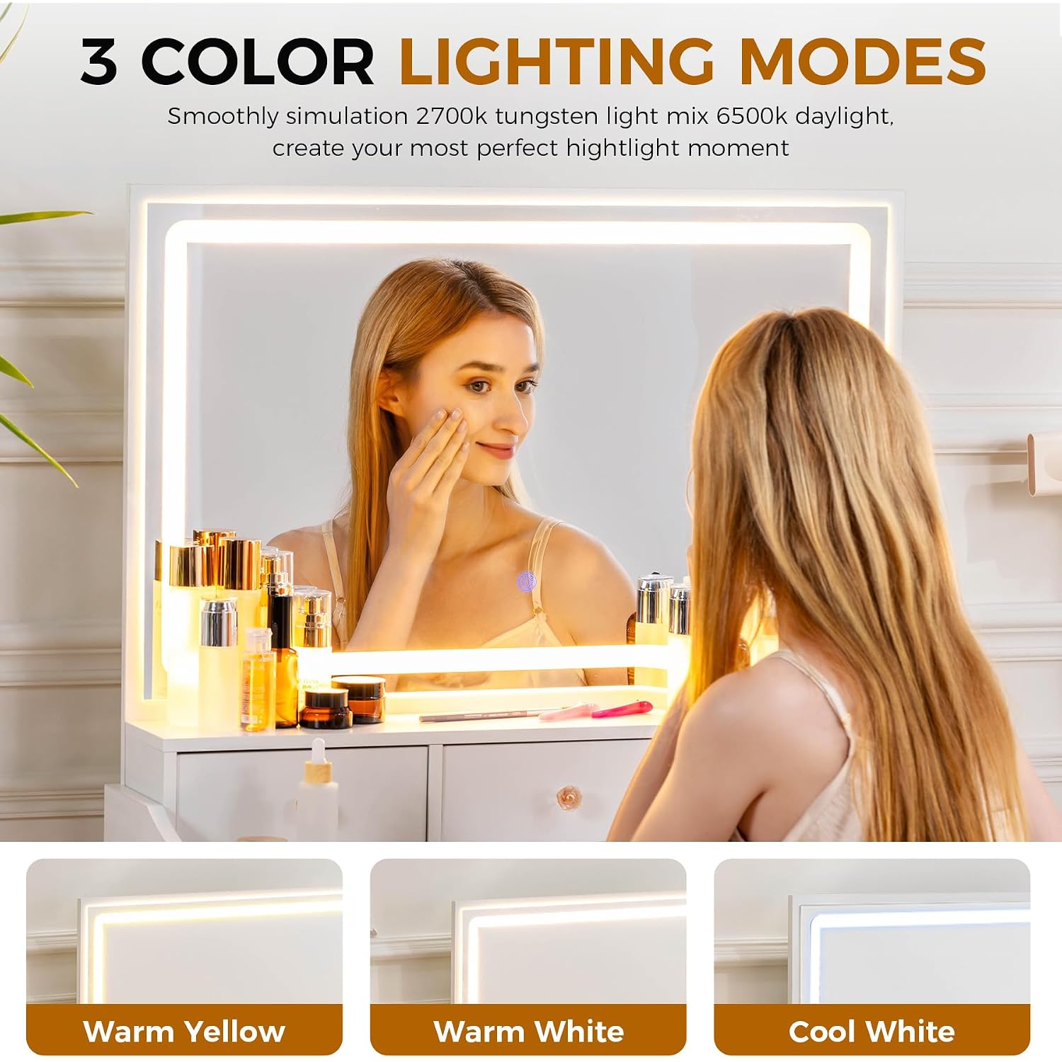 Comhoma Makeup Vanity Desk With Mirror And Lights, Vanity Table And Chair Set With 5 Drawers & Charging Station, Bedroom Dressing Table, Stepless Dimmable & 3 Color Modes Adjustable, Snow White