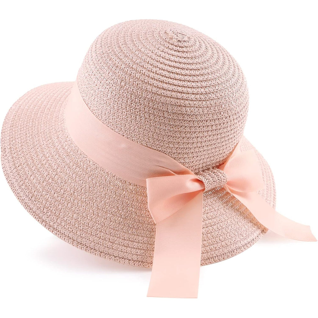 Women,Little Girls Straw Sun Hat Summer Beach Cap Foldable Visor Floppy Hats Wide Brim with Bowknot Pink Bow