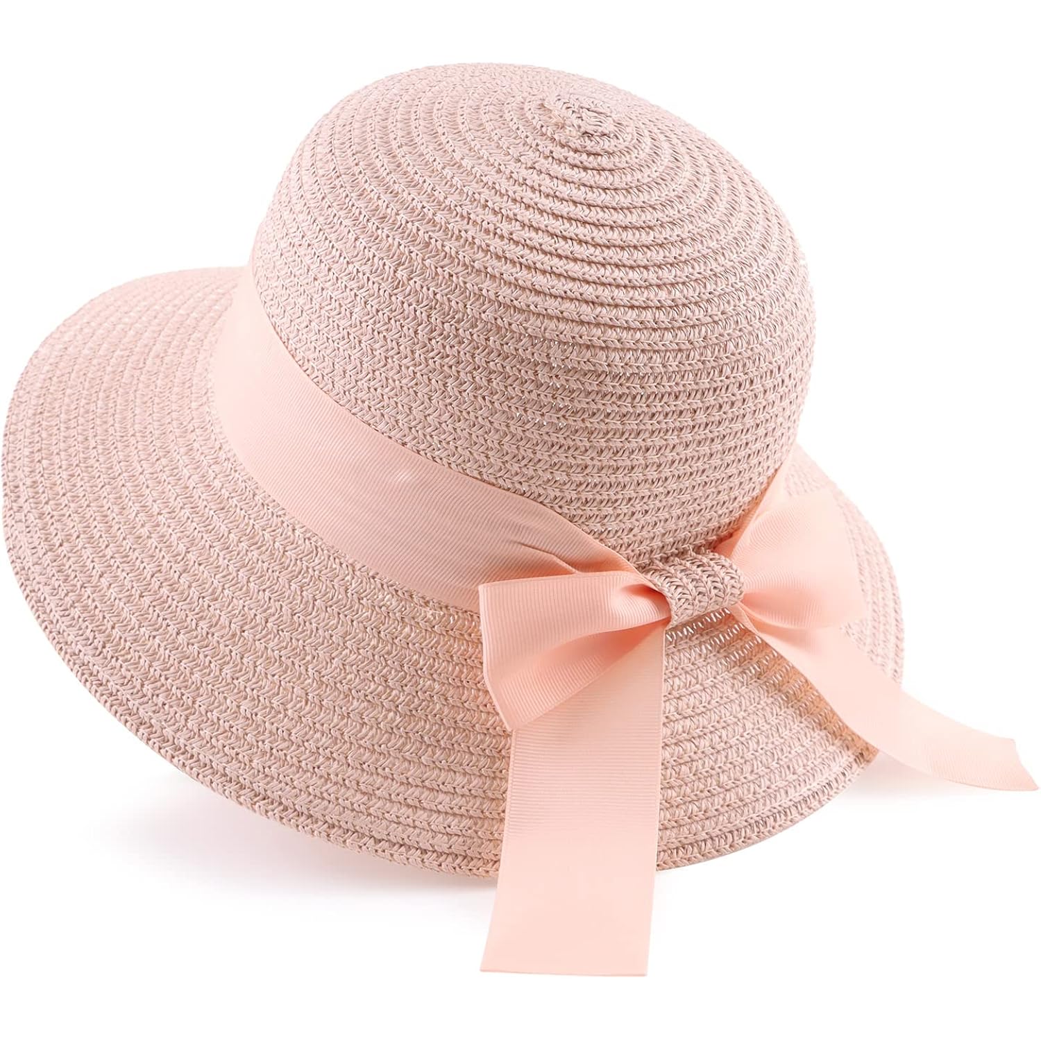 Women,Little Girls Straw Sun Hat Summer Beach Cap Foldable Visor Floppy Hats Wide Brim with Bowknot Pink Bow