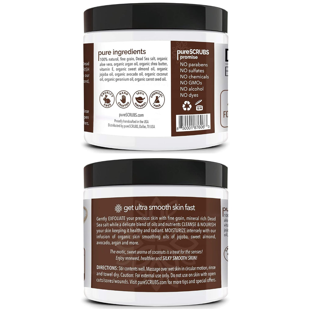 Premium Coconut Body Scrub Set, Exfoliating Dead Sea Salt Scrub | Ultra Skin Smoothing, Deeply Moisturizing Body Exfoliator, Shower Scrub For Rough, Dry Skin, Includes Loofah, Spoon & Soap