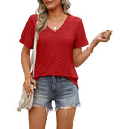 Ofeefan Womens T Shirts V Neck Short Sleeve Casual Tops Loose Fit Basic Tees With Curved Hem