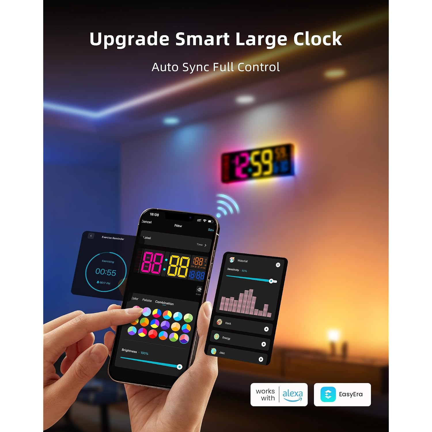 Easyera Smart Digital Wall Clock With App Control, 16.5” Large Rgbic Wall Clock With Multiple Diy Color And Music Sync, Led Display, Auto Dst, Plug-In Clocks For Classroom Home Gym Gaming