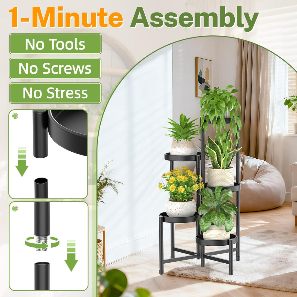 Plant Stand Indoor Outdoor, 5 Tier Corner Metal Flower Display Holder Shelf, Folding Tall Orchid Rack For Patio Balcony Porch Garden Living Room House, Black