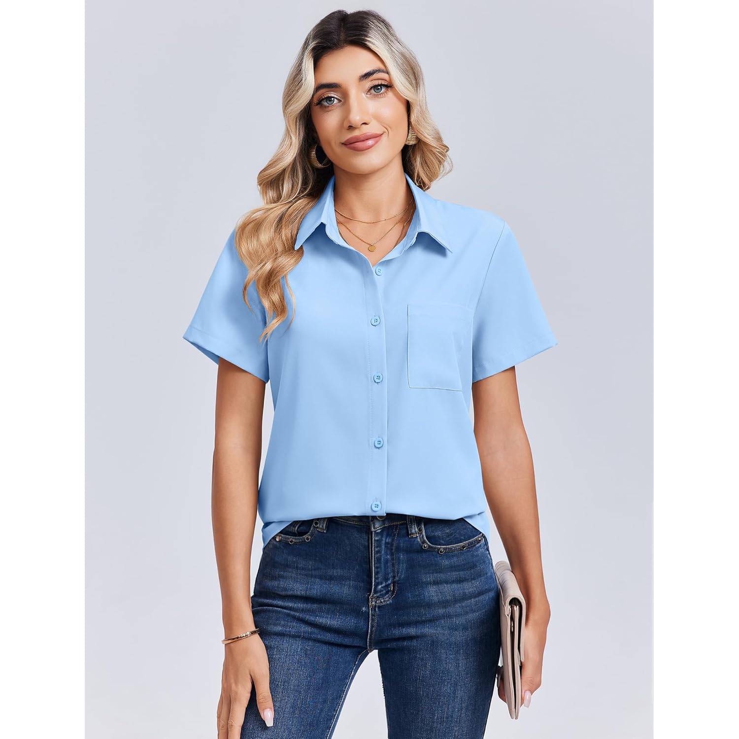 Women Blouses Short Sleeve Button Down Shirts Business Casual Dressy Work Tops Summer Spring Clothes