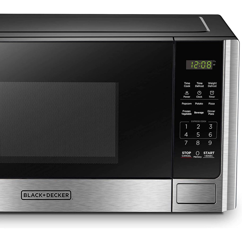 BLACK+DECKER Digital Microwave Oven with Turntable Push-Button Door, Child Safety Lock, Stainless Steel, 0.9 Cu Ft