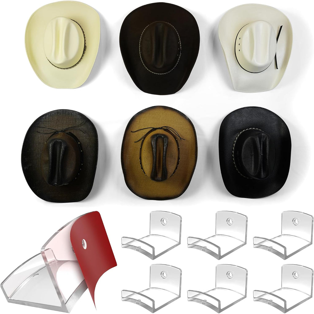 Adhesive Hat Hooks For Wall (6-Pack) - Cowboy Hat Rack, Wide Brim Hat Organizer, Strong Hold Hat Hangers For Wall - Clear