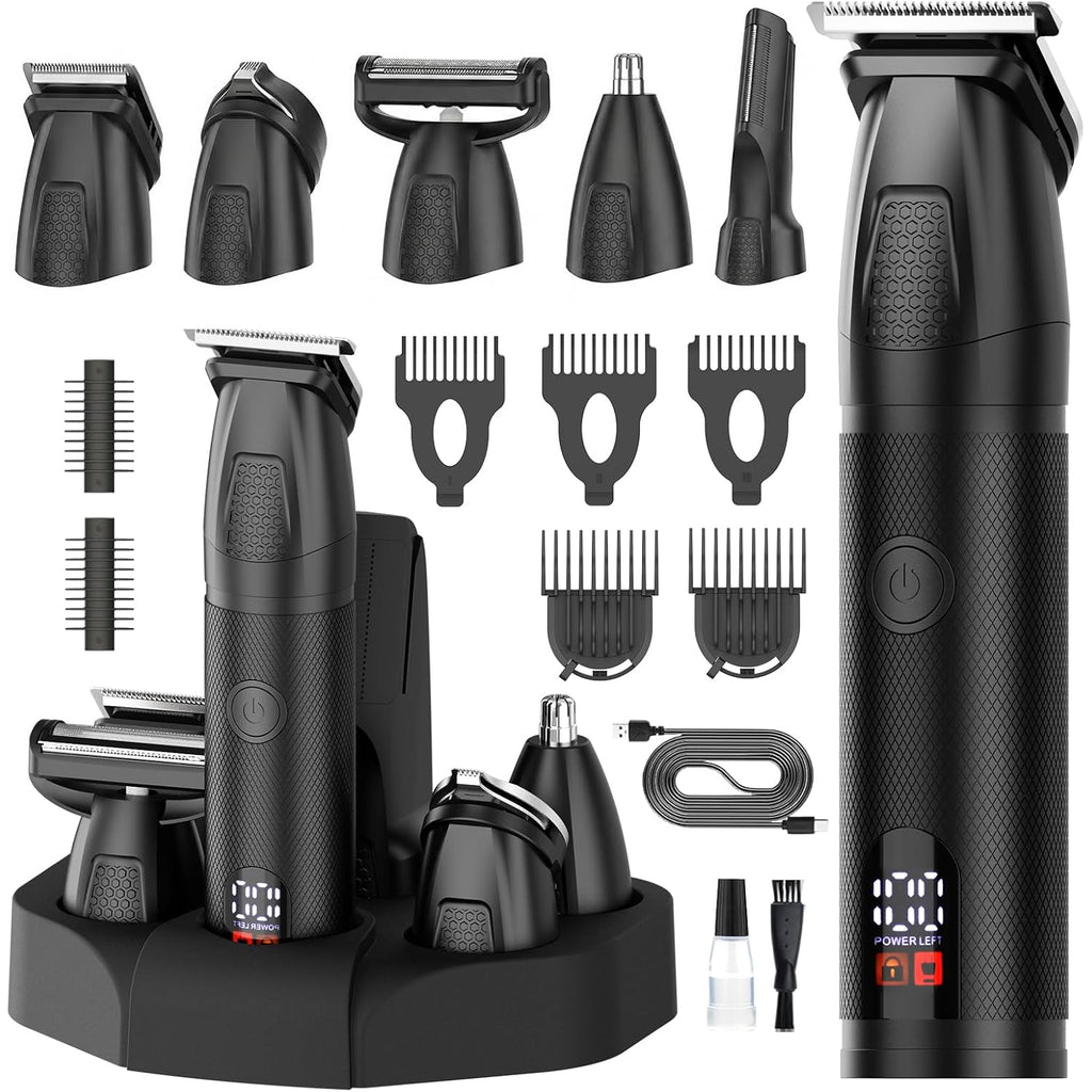 Bomxin Beard Trimmer for Men 6 in 1 Cordless Waterproof Electric Hair Clippers Mustache Body Face Trimmer All in One Grooming Kit with LED Display USB Rechargeable