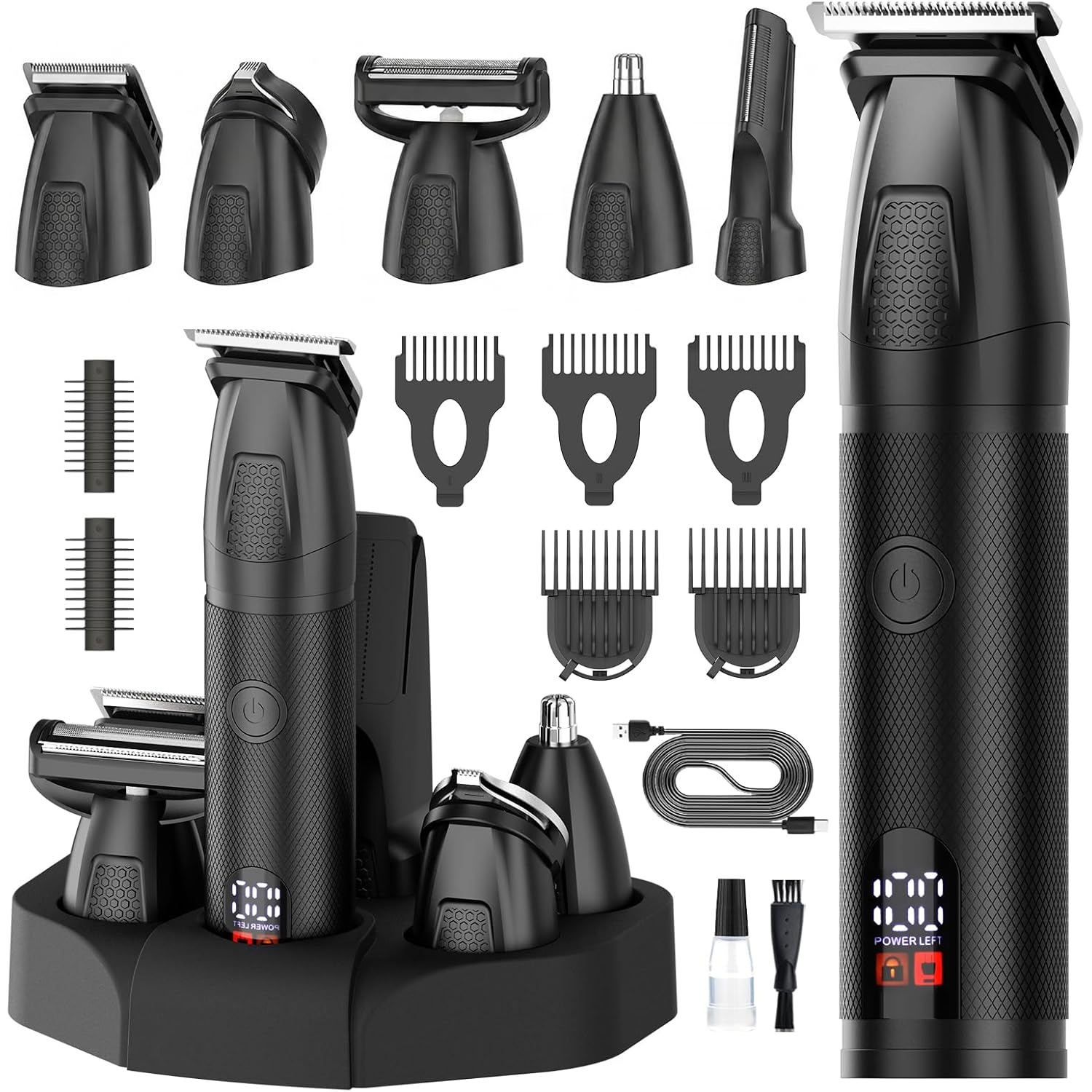 Bomxin Beard Trimmer for Men 6 in 1 Cordless Waterproof Electric Hair Clippers Mustache Body Face Trimmer All in One Grooming Kit with LED Display USB Rechargeable
