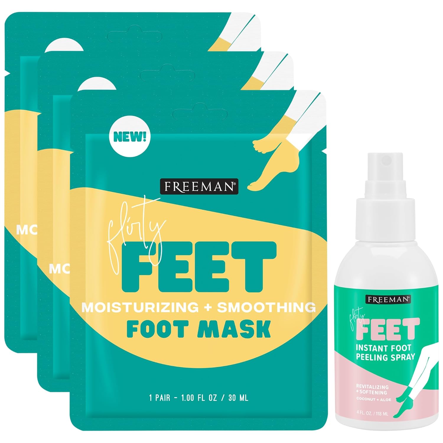 Freeman Flirty Feet Foot Care Set – Instant Peeling Spray for Dry, Cracked Feet + Moisturizing Foot Mask Socks 3-Pack (4 Piece Set)