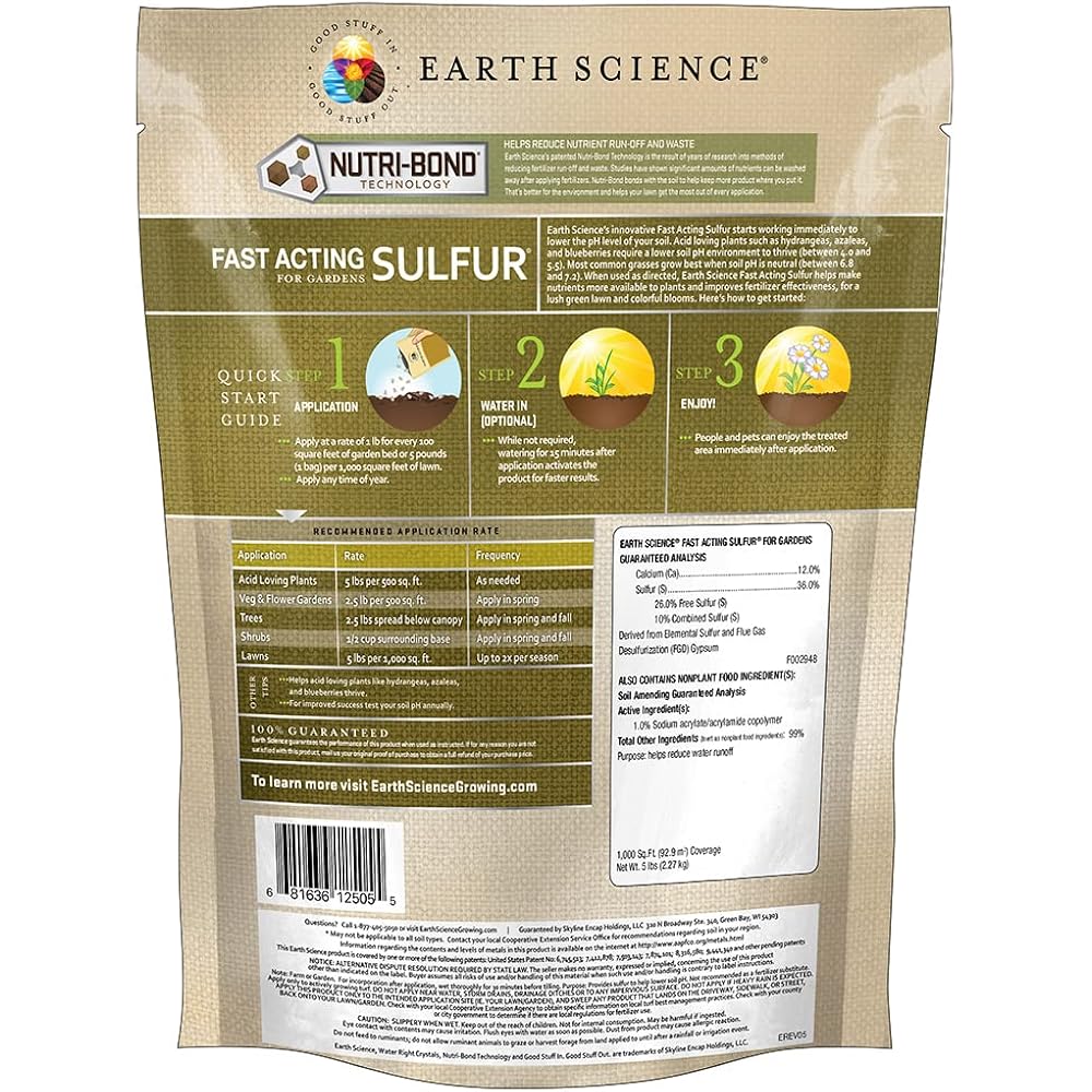 Earth Science Fast Acting Sulfur Granules – 5Lb – Reduces Soil Ph And Nutrient Runoff, Improves Growth & Color For Acid-Loving Plants, Long-Lasting Lawn Care Supplement