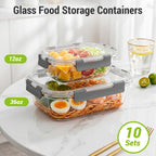 Dealusy 10 Sets (20-Piece) 36 Oz & 12 Oz Glass Food Storage Containers With Lids, Airtight Leak-Proof Glass Meal Prep Containers With Lids, Microwave Oven Freezer Dishwasher Safe, Gray