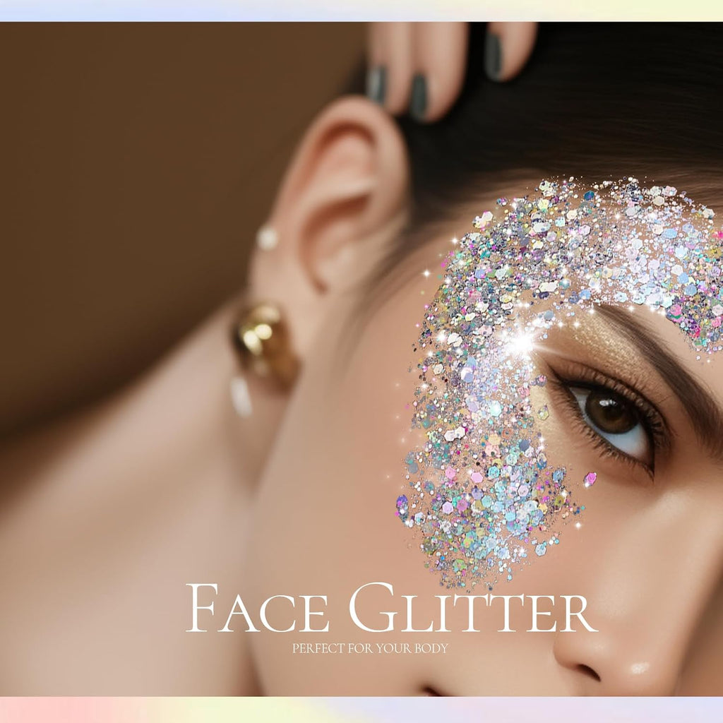 Teenitor Body Glitter, Body Glitter Gel, Hair Glitter, Face Glitter, Holographic Chunky Makeup Silver Glitter Gel For Face, Makeup, Hair, Eye