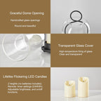 5"&4" Metal Candle Holder with Handmade Glass Dome in Brass & 2 Timer Candles, Set of 2 Versatile Hurricane Glass Candle Holders for Pillar Candles & Plants