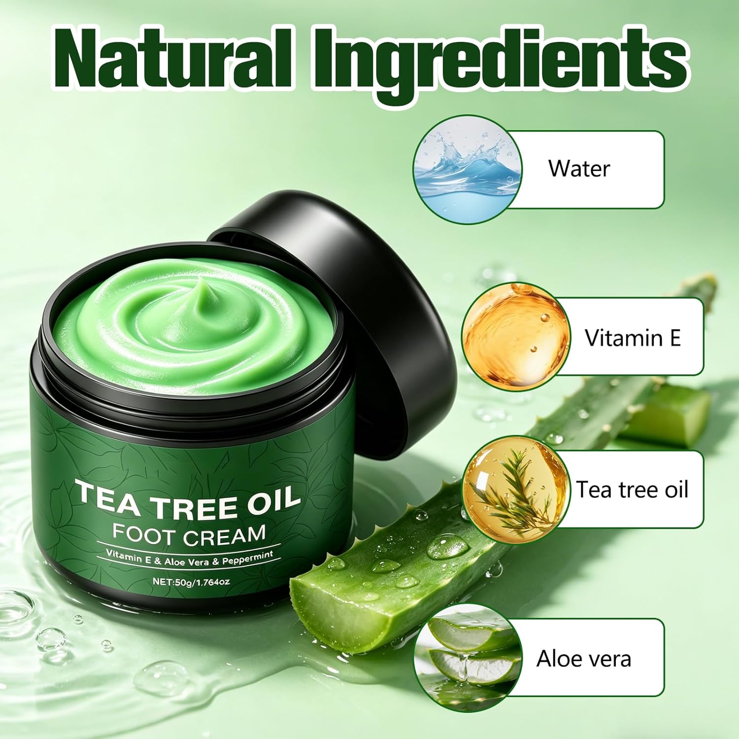2Pcs Pure Tea Tree Oil Foot Cream with Vitamin E, Aloe Vera & Peppermint, Nourishing & Hydrating, for Dry Cracked Feet, Hands, Heels, Elbow, Nails, and Knees, Smooth Application-50g/1.764oz