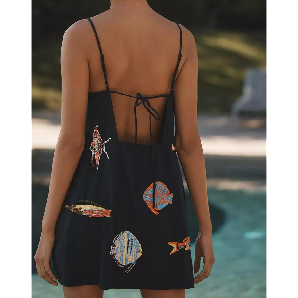 Nufiwi Women Boho Graffiti Cami Mini Dress Spaghetti Strap Printed A Line Short Dress Cute Colorful Sundress
