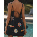 Nufiwi Women Boho Graffiti Cami Mini Dress Spaghetti Strap Printed A Line Short Dress Cute Colorful Sundress