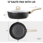 CAROTE 12 Inch Nonstick Deep Frying Pan with Lid, 5.5 Qt Jumbo Cooker Saute Pan with Pour Spout, Skillet Induction Cookware, Non Stick Cooking Pan PFOA Free, Classic Granite