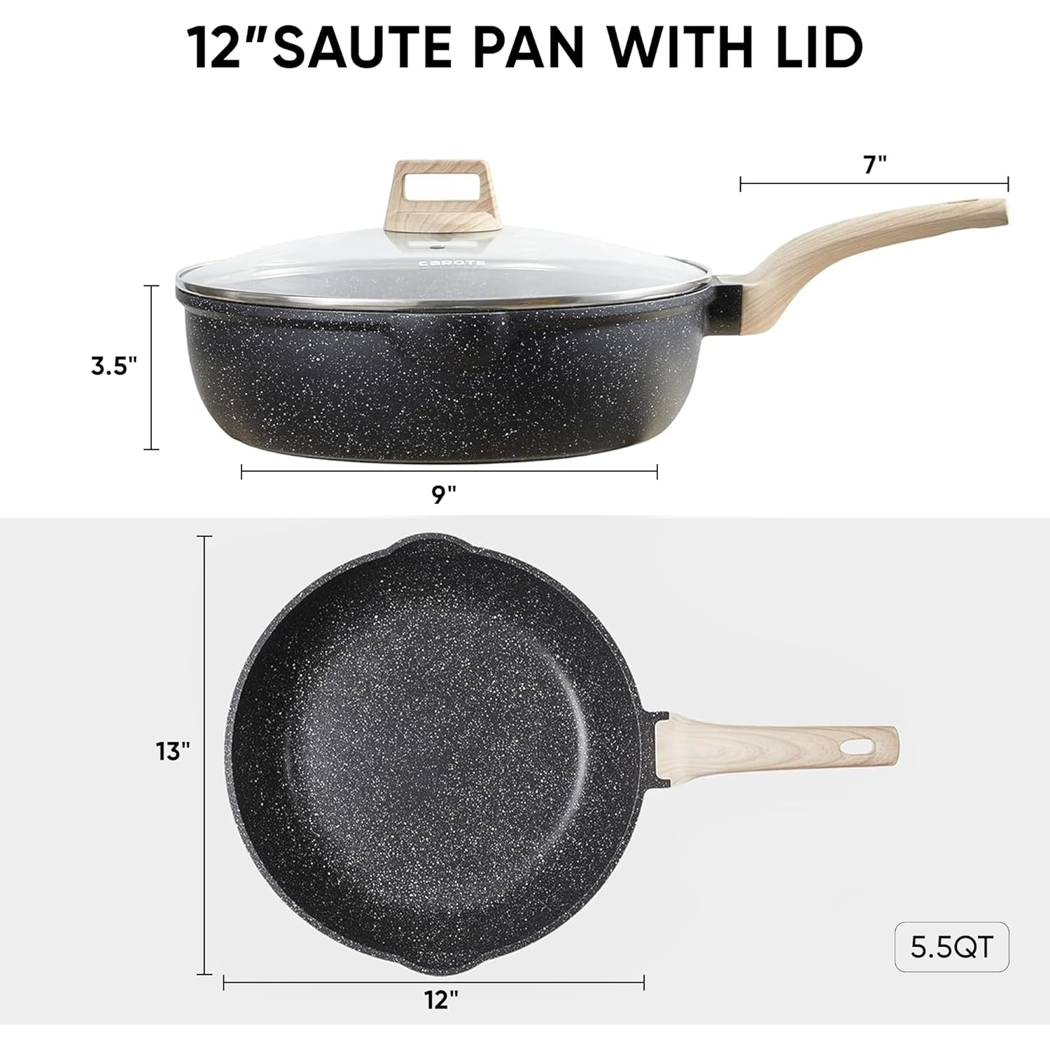 CAROTE 12 Inch Nonstick Deep Frying Pan with Lid, 5.5 Qt Jumbo Cooker Saute Pan with Pour Spout, Skillet Induction Cookware, Non Stick Cooking Pan PFOA Free, Classic Granite