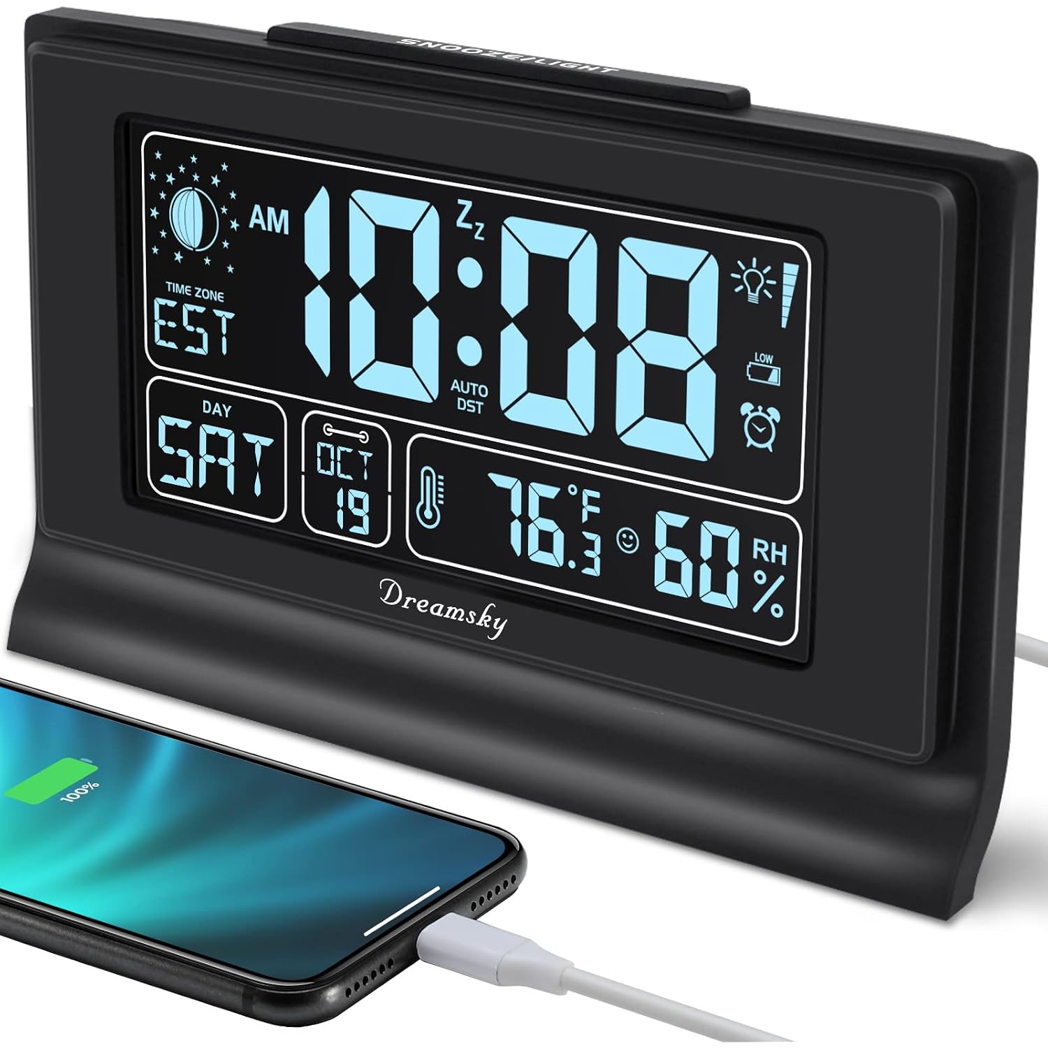 Dreamsky Alarm Clocks For Bedrooms With Battery Backup, Auto Set | Digital Clock With Date And Day Of Week, Indoor Temperature Humidity, Moon Phase, Dimmer, Auto Dst, Usb Port