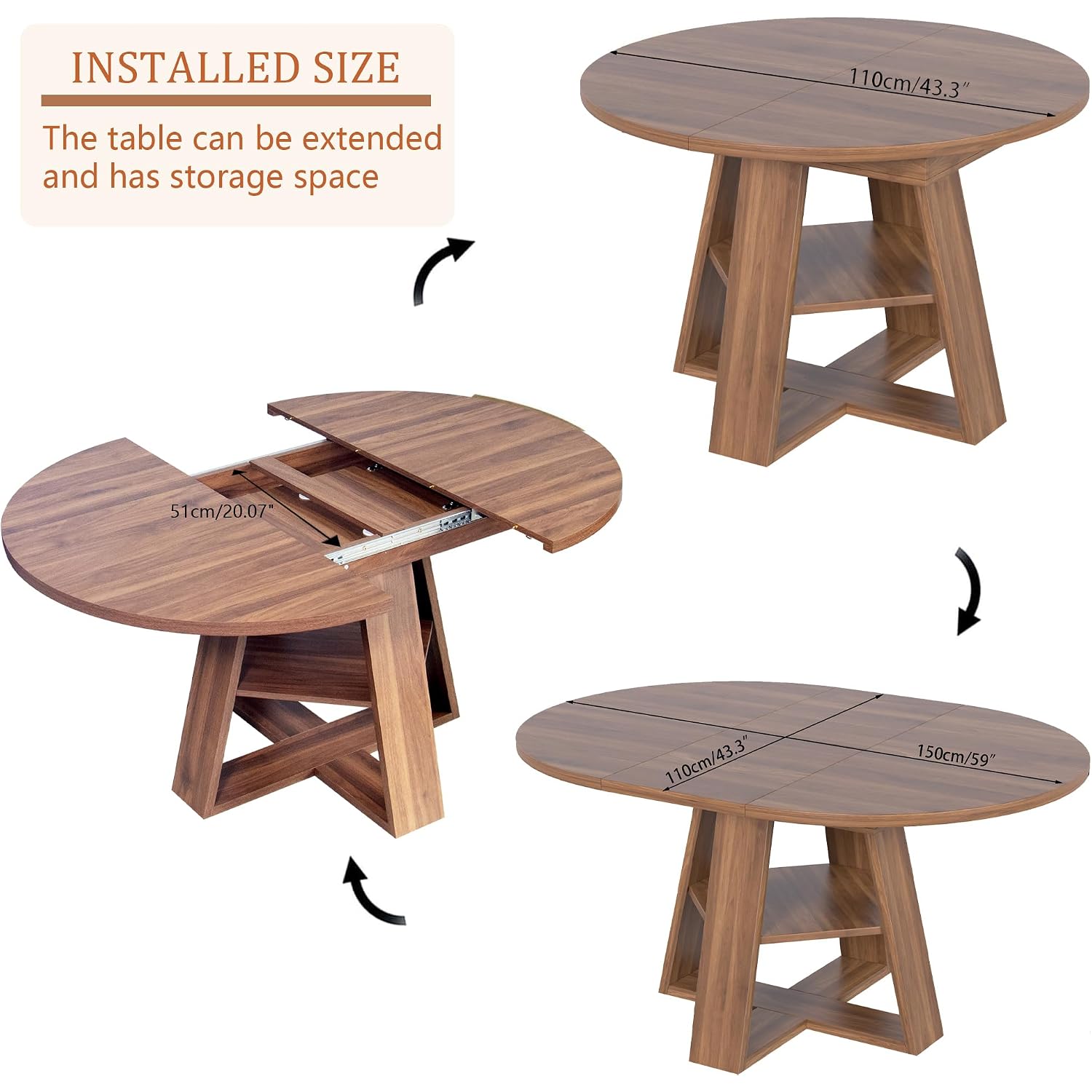 43.3In-59In Extendable Round Dining Table For 4-8,Modern Kitchen Oval Dining Table With Removable Leaves Space Saving,Wood Base With Storage Shelf For Kitchen Living Room (Walnut)