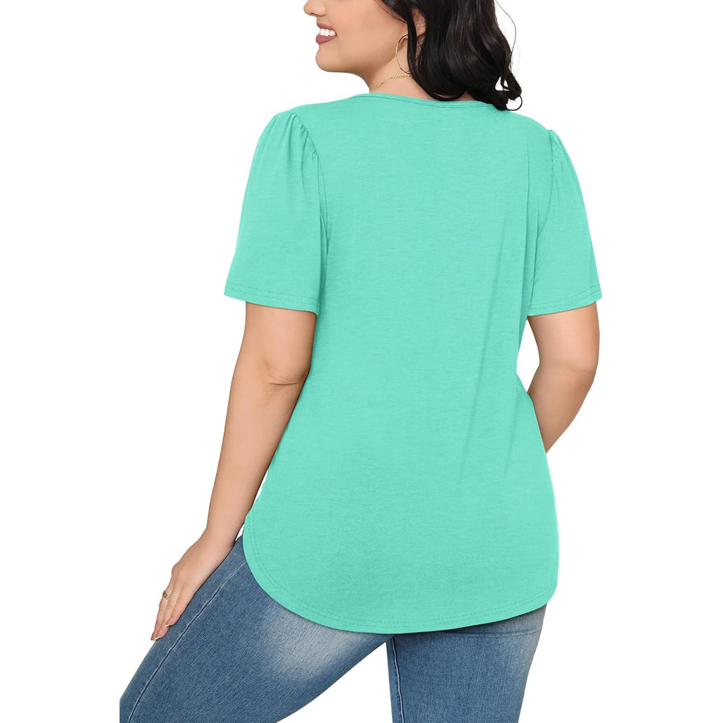Ofeefan Womens T Shirts Short Sleeve Pleated Dressy Casual Scooped Neck Summer Tops Blouses
