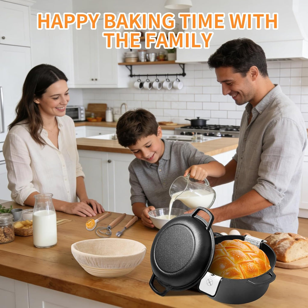 Pre-Seasoned Cast Iron Dutch Oven for Bread Baking - incl. Sourdough Bread-Baking Supplies like Proofing Basket, 2-in-1 Dutch Oven Pot with Skillet Lid and Dual Handles, Sour Dough Tools, Lame, 5QT