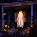Halloween Decorations Outdoor - 5Ft Large Hanging Ghost Swing With Remote Control String Lights & Upgraded Sheet, Scary Ghost Halloween Party Decor Outside For Tree Porch Yard Garden Lawn