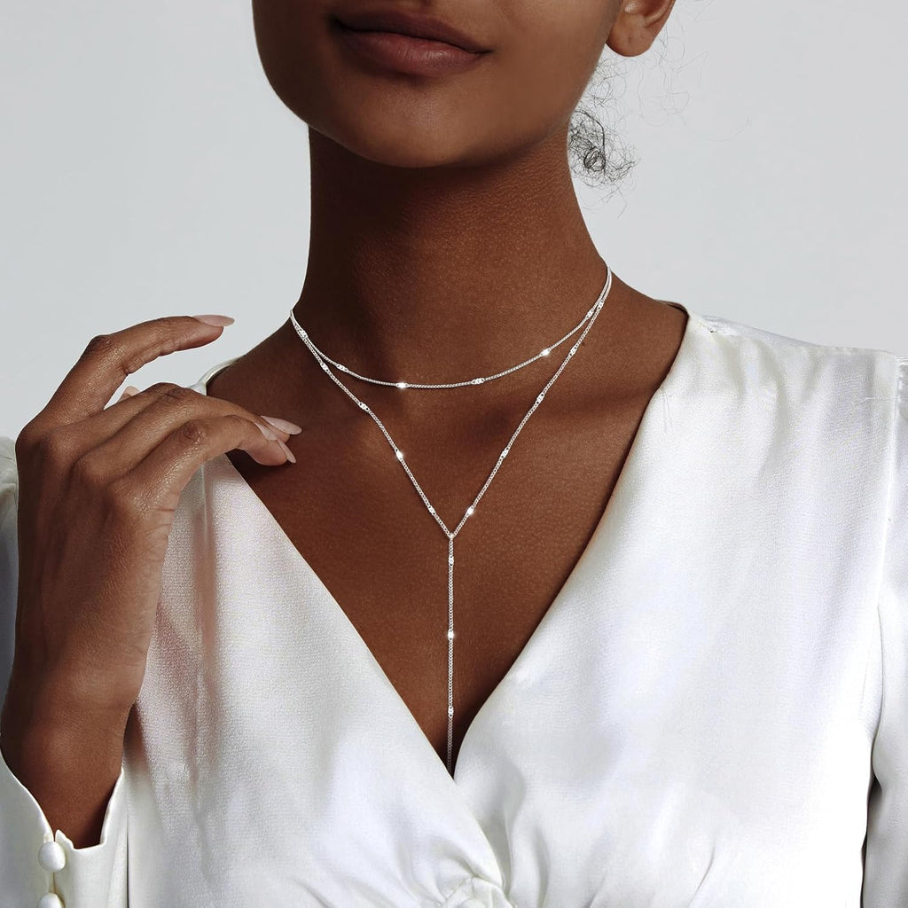 Luxval Lariat Silver Necklace for Women, Dainty Long Necklace Silver Y-Shaped Pendant Necklaces Trendy Beaded Chain Drop Necklaces Jewelry for Women Gifts