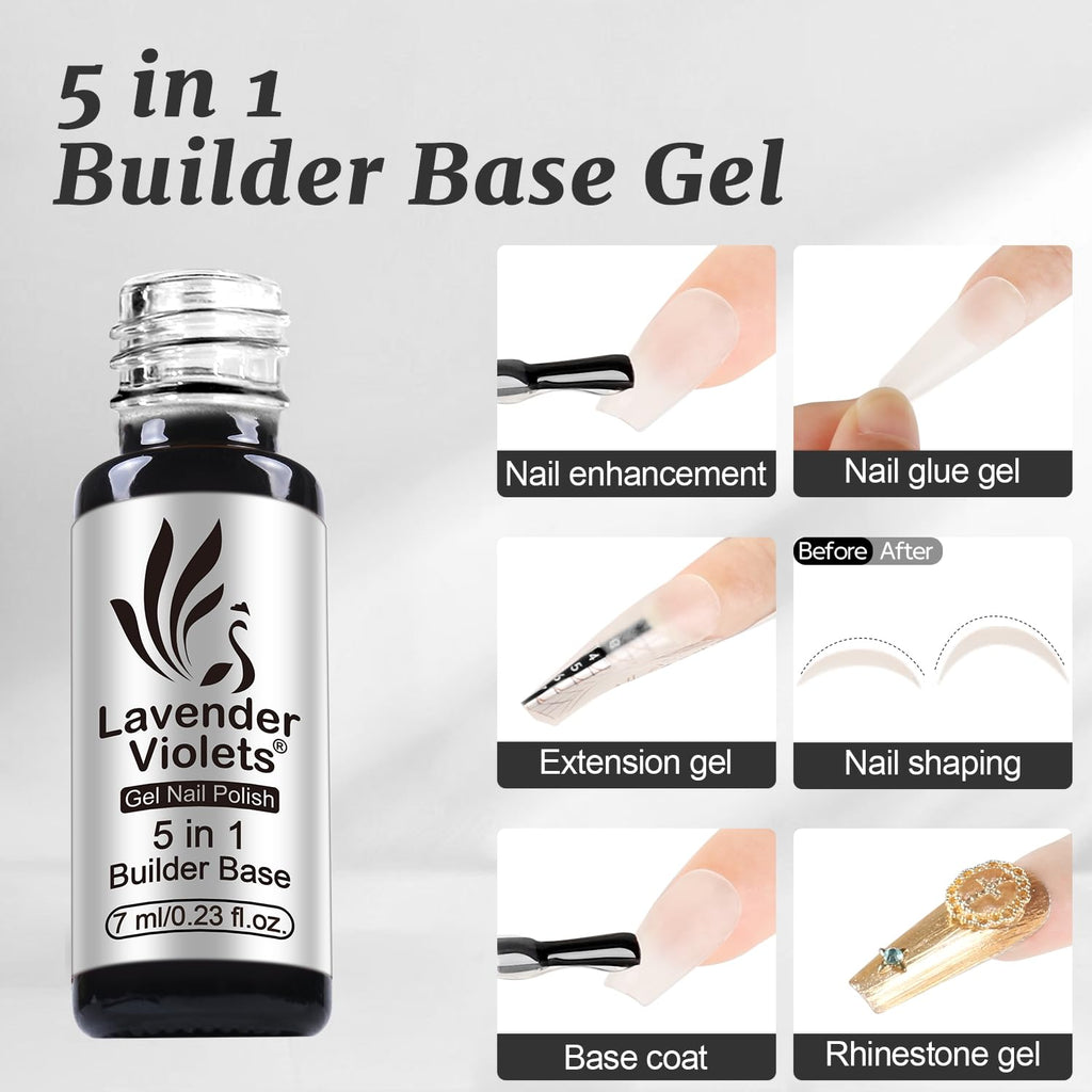 Lavender Violets 6pcs Gel Base and Top Coat Set - Blooming Gel, Glow in the Dark Top Coat, Glossy & Matte Coats, 5 in 1 Builder Base, Non-Acid PH Bond Clear Nail Polish Kit for Manicure C201