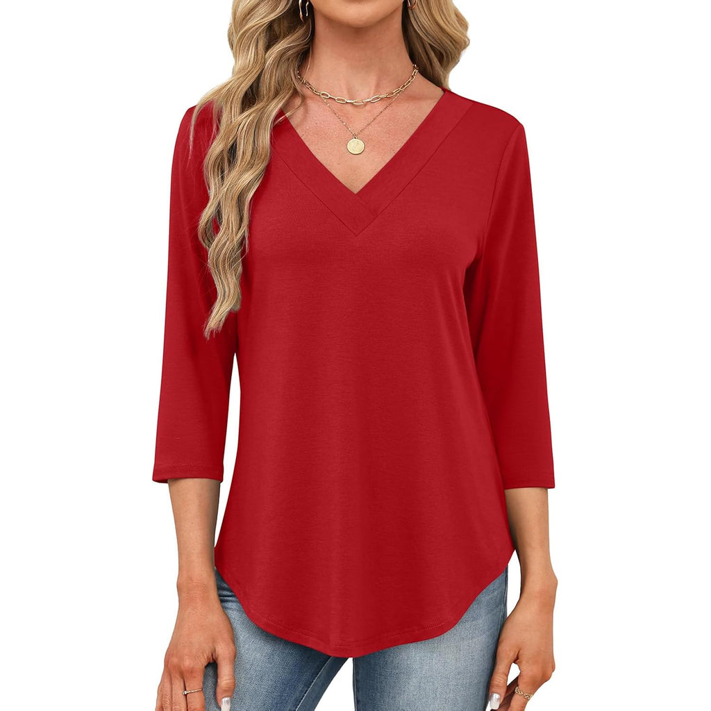 JUSTFASHIONNOW Womens 3/4 Length Sleeve Tops V Neck Split Tunic Tops Flowy T Shirts Summer 2026 Dressy Casual Blouses