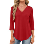 JUSTFASHIONNOW Womens 3/4 Length Sleeve Tops V Neck Split Tunic Tops Flowy T Shirts Summer 2026 Dressy Casual Blouses