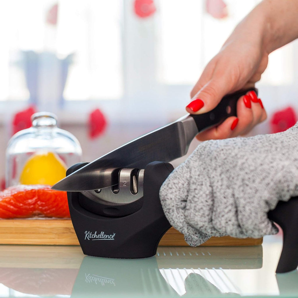 4-In-1 Kitchen Knife Accessories: 3-Stage Knife Sharpener Helps Repair, Restore, Polish Blades And Cut-Resistant Glove (Black)