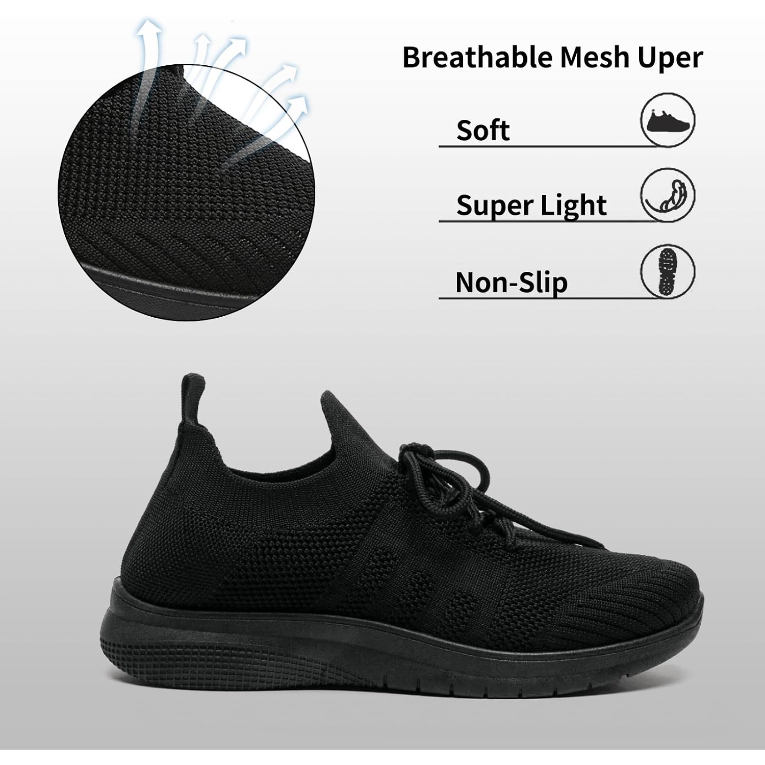 Bernal Black Sneakers For Women Walking Shoes Non Slip Lightweight Casual Breathable Tennis Shoes Work Travel