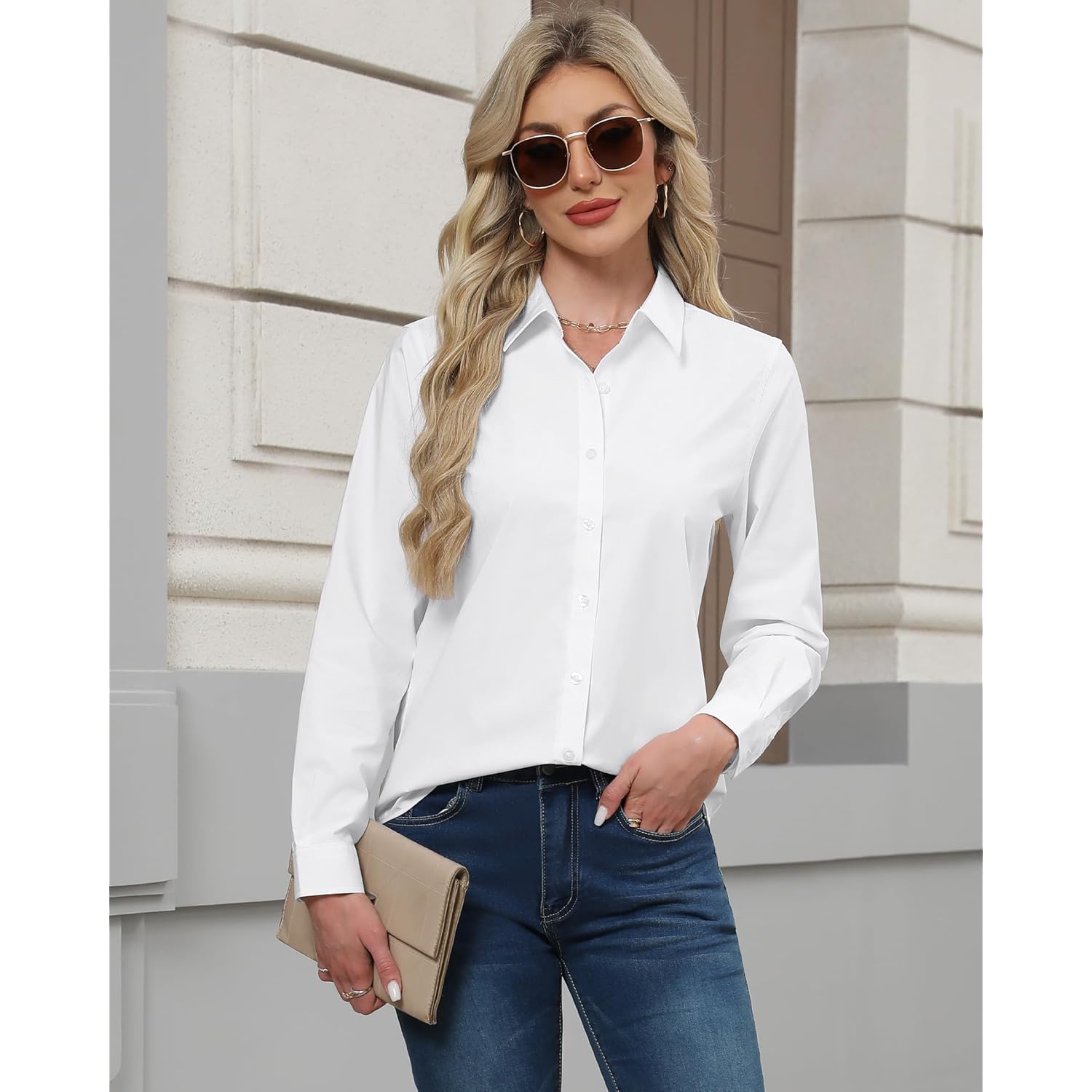 Button Down Shirts for Women Stretch Collared Cotton Long Sleeve Dress Shirt Business Casual Blouse for Work