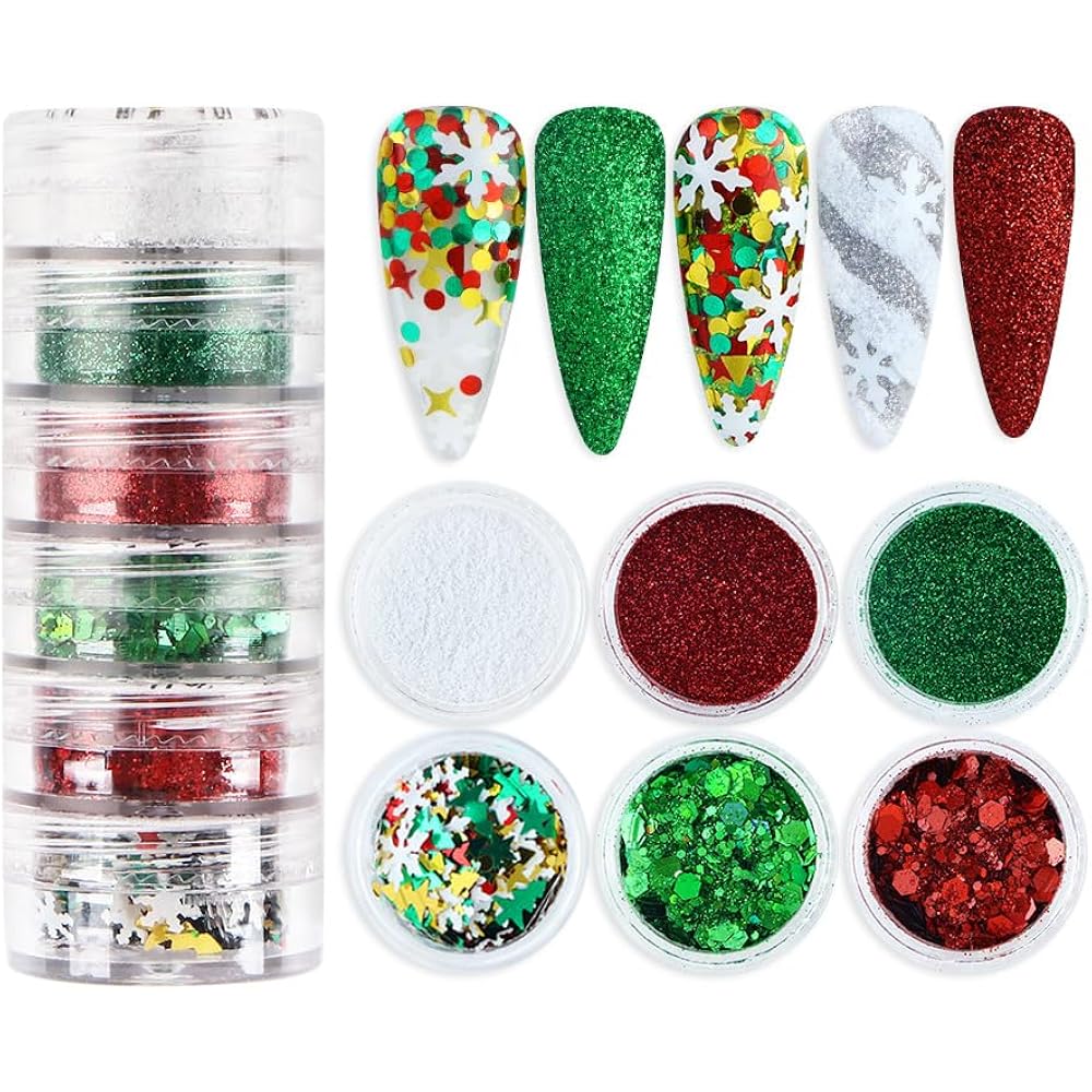 LPOODDNU Winter Nail Art Decorations: Flakes 3D White Snowflake Nail Decals, Green Red Designs, Holographic Christmas Glitters