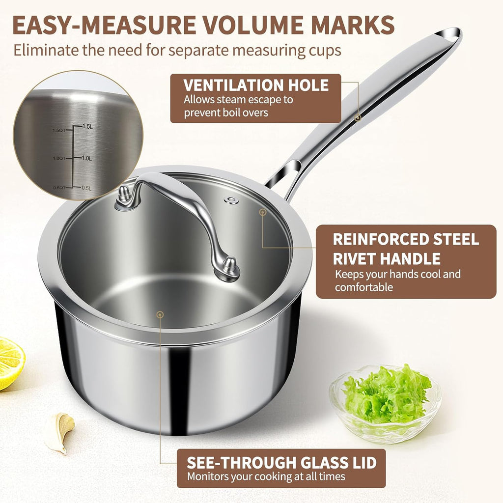 Ewfen 3 Ply Stainless Steel Saucepan With Lid, 3 Quart Multipurpose Cooking Pot, Stay-Cool Handle, Induction Oven Dishwasher Safe, 3 Qt