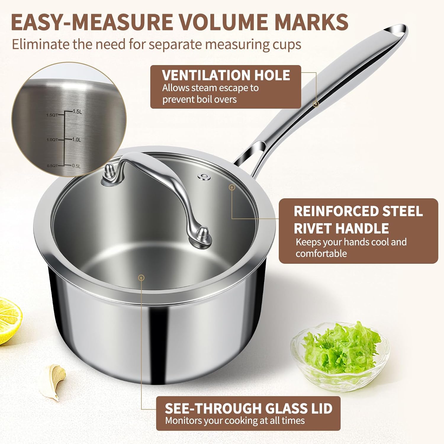 Ewfen 3 Ply Stainless Steel Saucepan With Lid, 3 Quart Multipurpose Cooking Pot, Stay-Cool Handle, Induction Oven Dishwasher Safe, 3 Qt