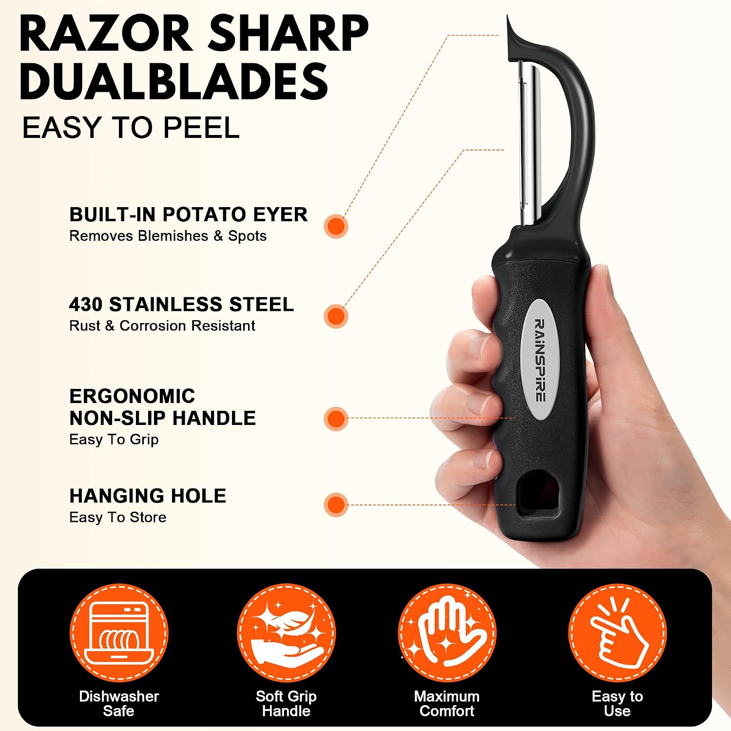 Rainspire Vegetable Peeler Potato Peelers For Kitchen, Sharp Stainless Steel Blades Veggie, Comfortable Handle Fruit Peeler, Carrot Peeler Apple Peeler Dishwasher Safe Black, 1-Pack