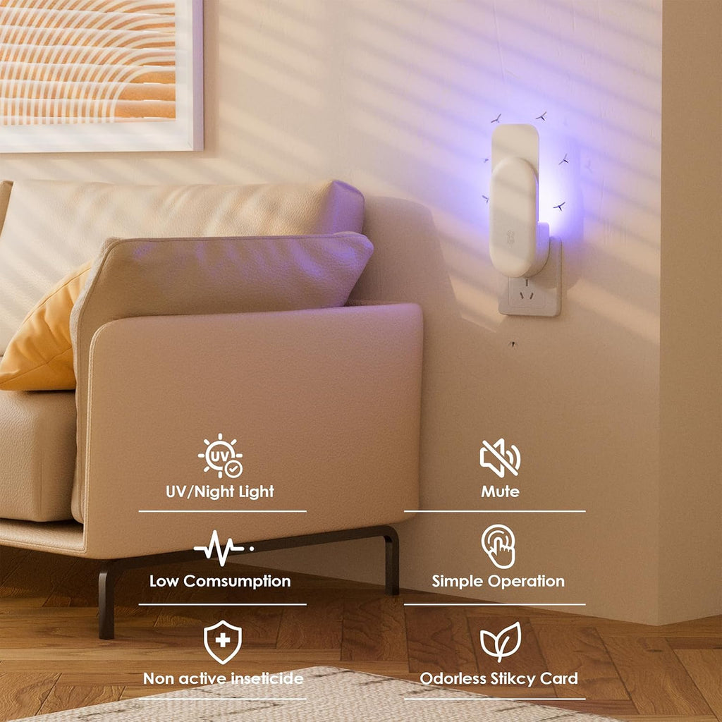 Tienbe Flying Insect Trap, 2 In 1 Indoor Plug-In Fruit Fly Trap, 1 Trap White And 6 Glue Cards, Fruit Fly Traps For Gnat, Moth, Mosquito, Suitable For Every Part Of The Home