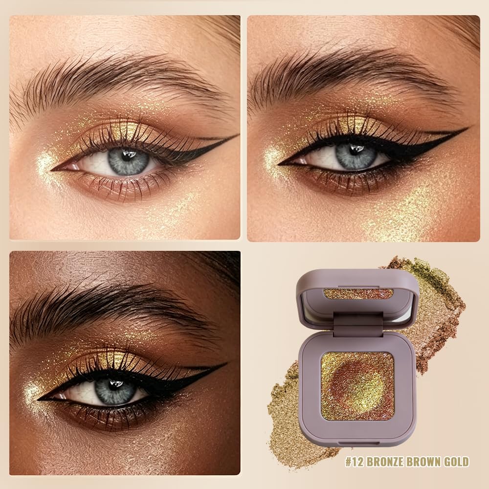 Peach Gold Shimmer Single Eyeshadow, High Pigment Blendable Eye Shadow Makeup for Older Women, Lightweight Travel Size, Suitable for All Eye Shapes, Vegan Glitter Finish Sombras para 0jos 12#