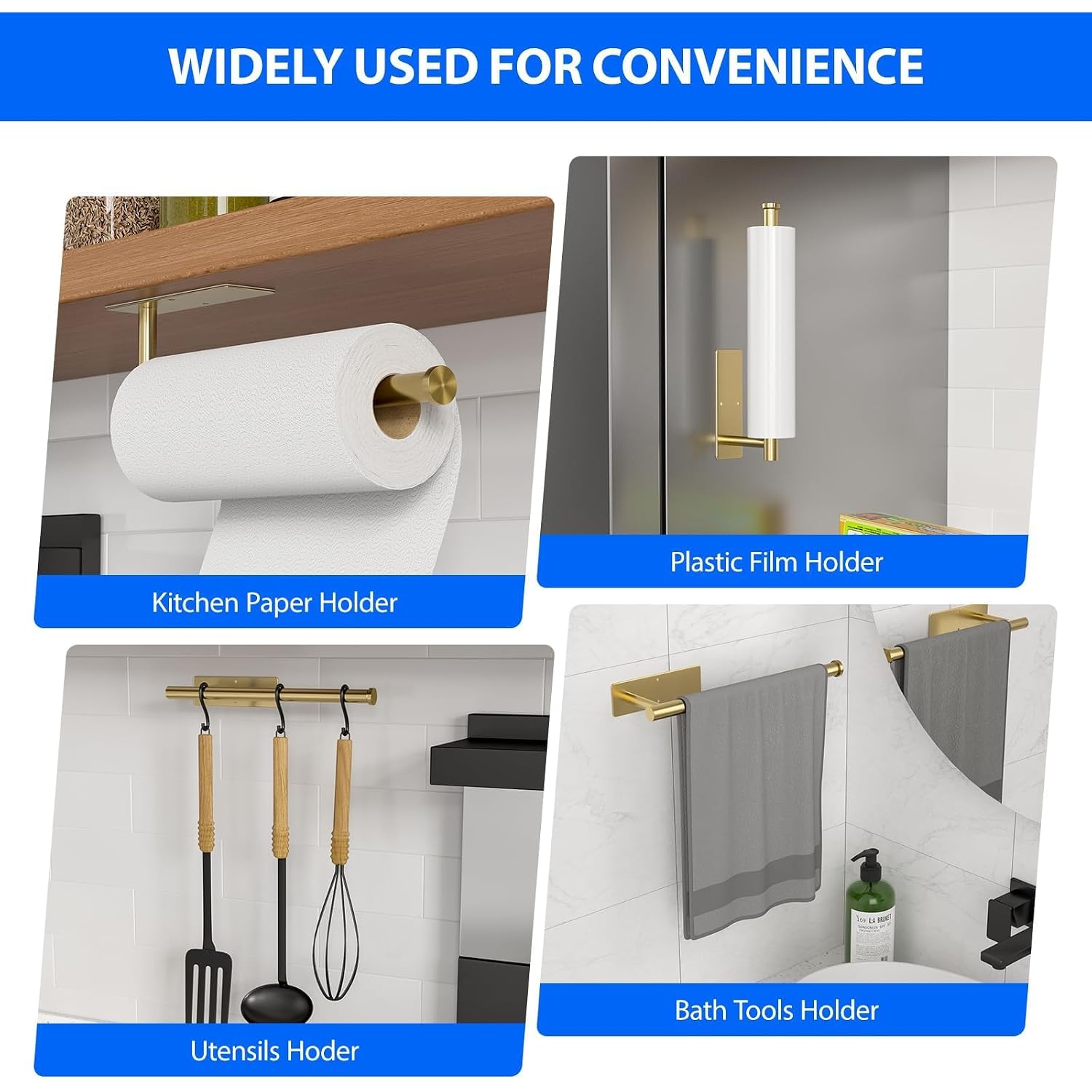 Paper Towel Holder Under Cabinet, Self-Adhesive,No Drilling, Stainless Steel, Wall-Mounted For Kitchen And Bathroom, Easy Install, Durable, Space-Saving, Ideal For Home, Rv (Gold, 1 Pack)