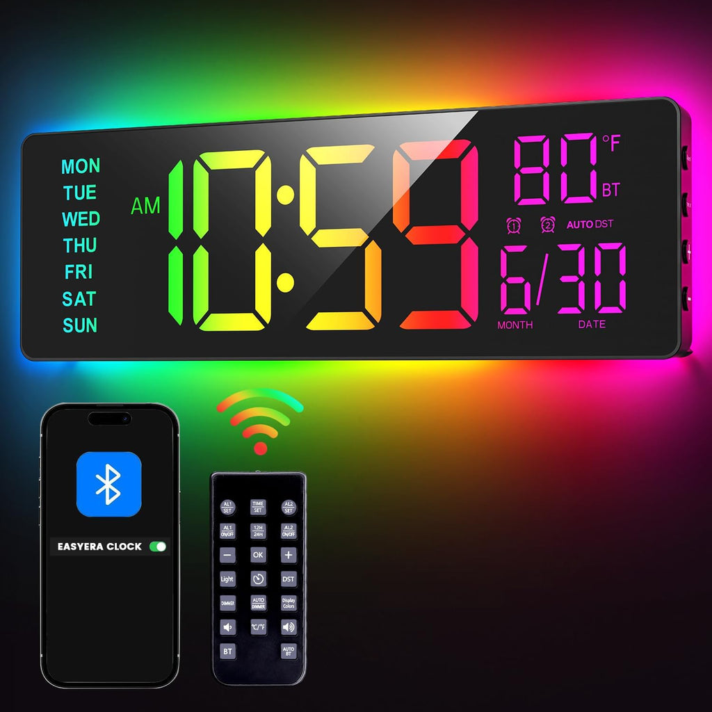 Easyera 16.5" Large Digital Wall Clock With Bt Sync, 11 Rgb Lights | 11 Scenes Mode Remote Control, Big Led Clock With Dual Alarms, Auto Dst, Temperature For Classroom Gaming