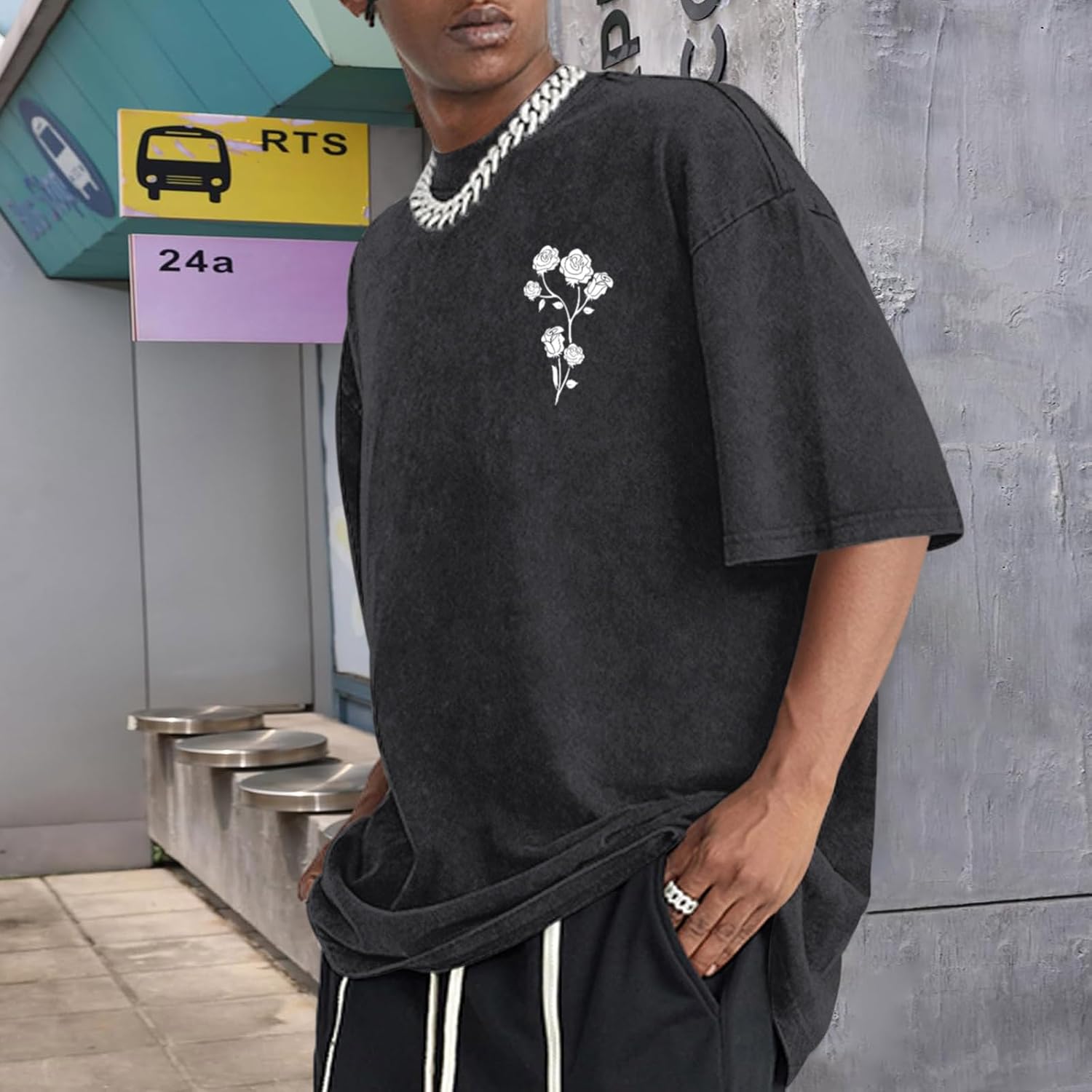 Japanese Graphic Tees For Men Harajuku Rose Flower Floral Shirts Cool Vintage Oversized Streetwear Acid Wash Tops