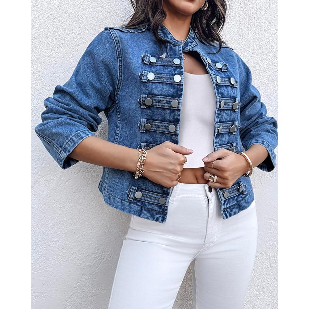 Chicme Denim Jacket For Women Button Up Stand Collar Jeans Jacket Casual Long Sleeve Lightweight Fall Coat