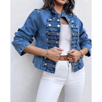 Chicme Denim Jacket For Women Button Up Stand Collar Jeans Jacket Casual Long Sleeve Lightweight Fall Coat