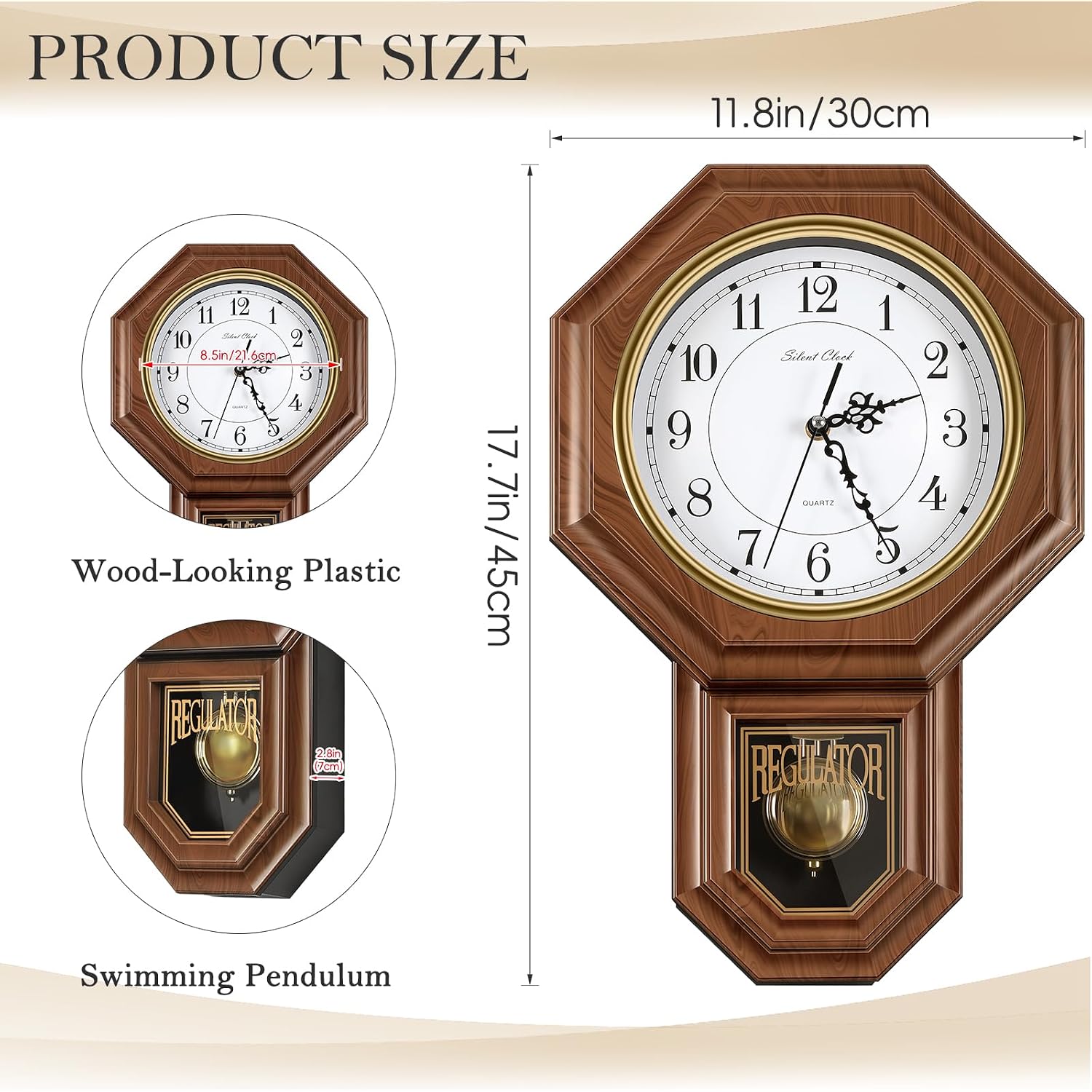 Pendulum Wall Clocks Battery Operated,Regulator Wall Clock With Pendulum,Vintage Decorative Grandfather Clock For Living Room,Bedroom,Kitchen,Office,Brown 11.8X17.7In