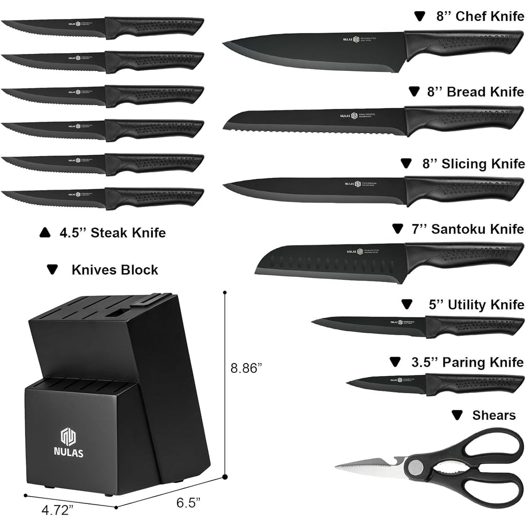 Knife Set, 15-Piece Kitchen Knife Set With Block And Built-In Sharpener, Dishwasher Safe, Non-Slip Handle, 6 Steak Knives, Black