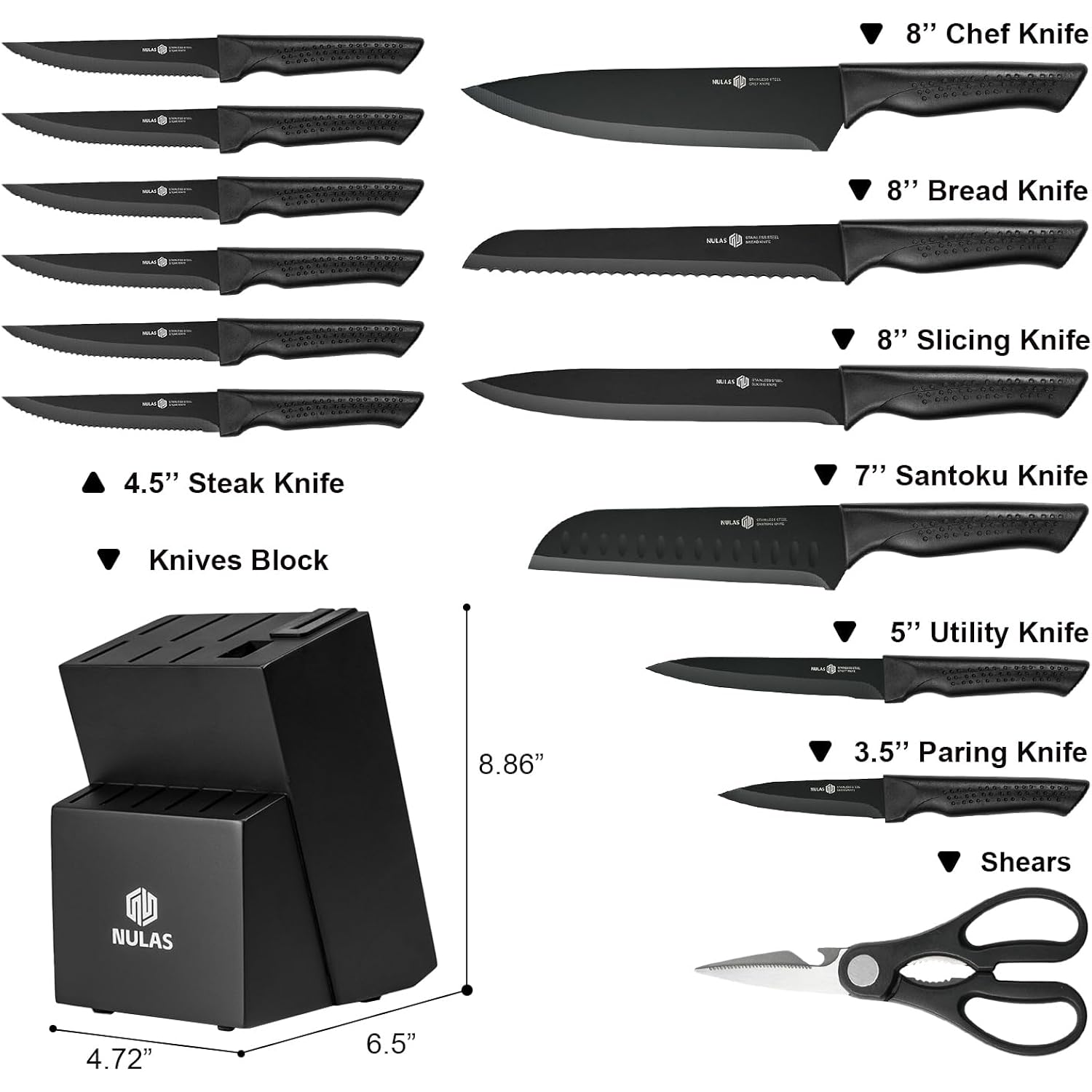 Knife Set, 15-Piece Kitchen Knife Set With Block And Built-In Sharpener, Dishwasher Safe, Non-Slip Handle, 6 Steak Knives, Black