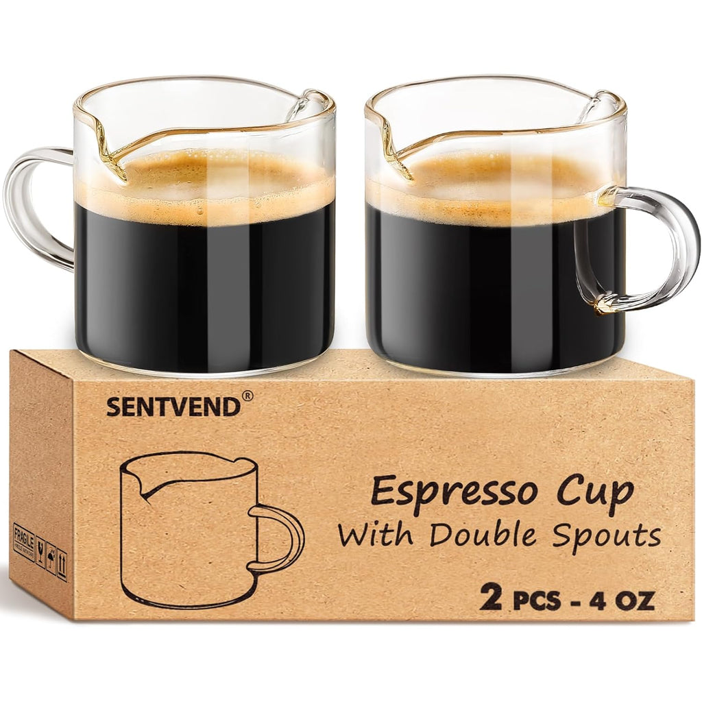 Espresso Cups Set of 2 - 4 Oz Espresso Shot Glass with Handle Double Spout Cups Clear Glass Milk Cup Espresso Accessories Great for Making Coffee Desserts Salad Dressings